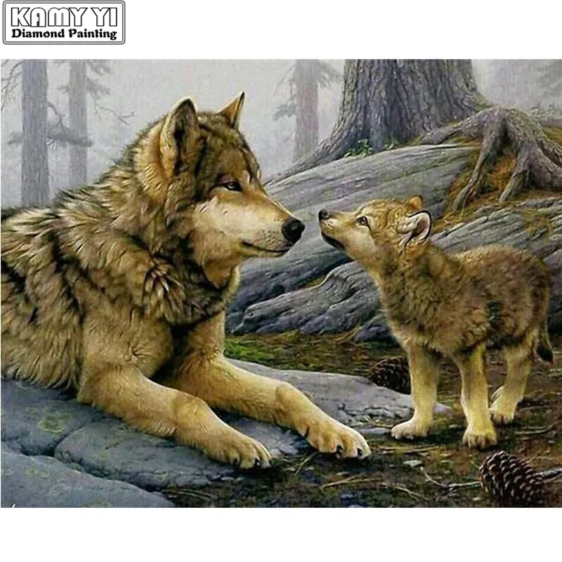 

100% Full 5D Diy Daimond Painting Cross-stitch Wolf Mom&Baby 3D Diamond Painting Square&Round Rhinestones Paintings Embroidery