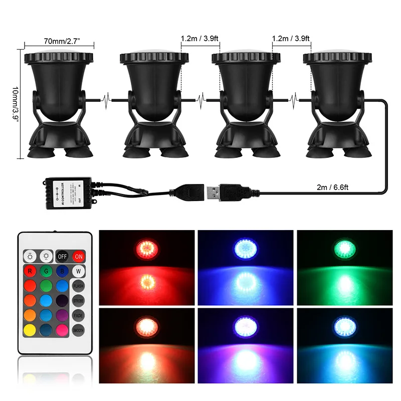 Mini DC 12V 1A IP67 Waterproof Remote RGB Colorful 4in1 LED Aquarium Spotlight Fish Pool Landscape Lamp Tank Underwater Lights | Лампы и