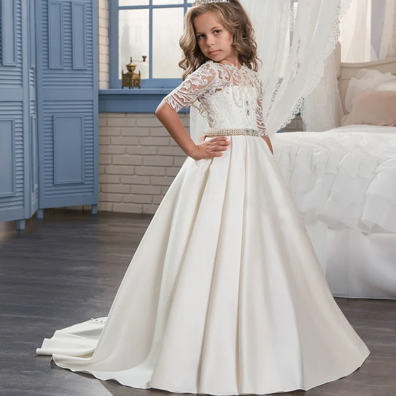 Glizt Flower Girl Dresses Lace Appliques Beading Belt Open Back Half Sleeve Ruffle Tulle Ball Gowns Holy First Communion Dresses