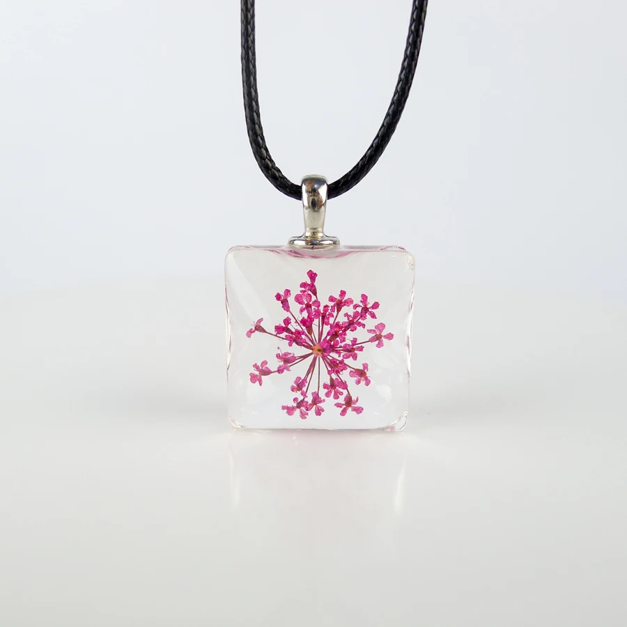 Квадратные стеклянные подвески с высушенным цветком длинное ожерелье ручной