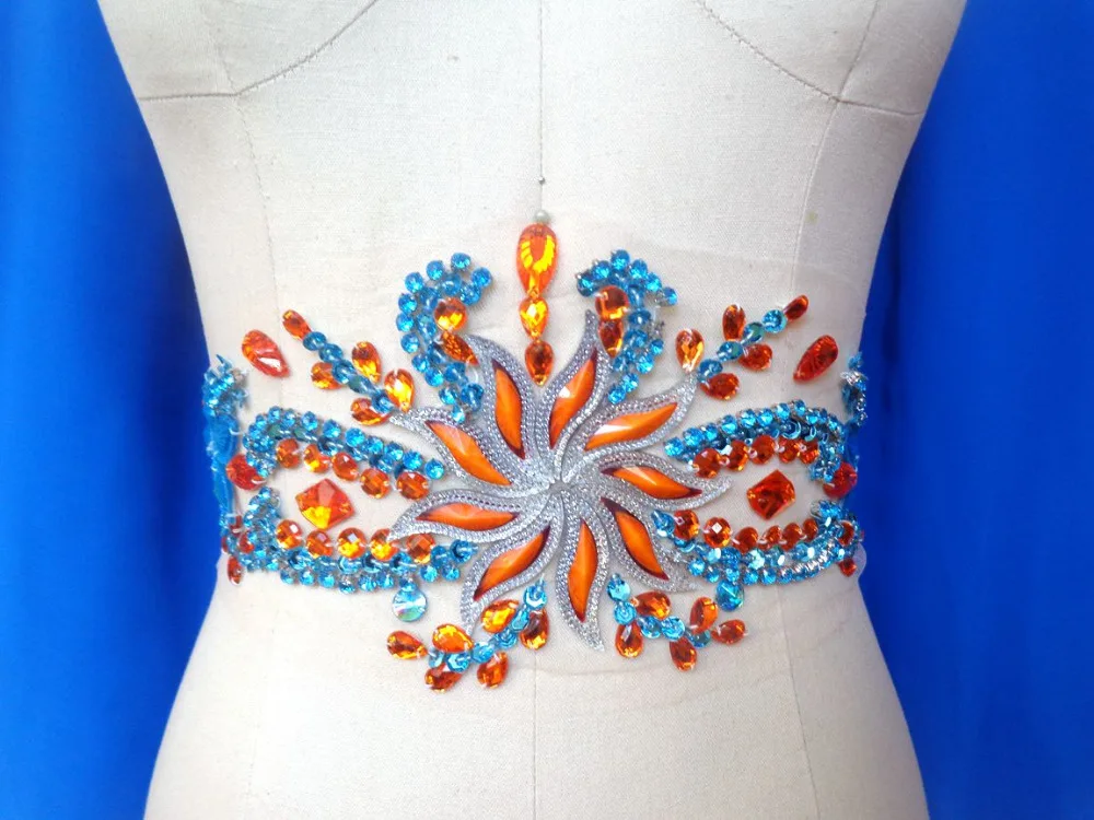 Оранжевый/небесно-голубой цвет ручной работы пришить стразы аппликация отделка