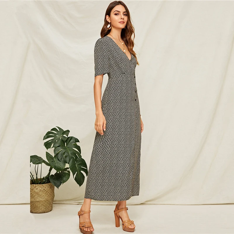 Sheinside Boho Цветочный принт с v-образным вырезом обёрточная юбка женское летнее платье на пуговицах ТРАПЕЦИЕВИДНОЕ ПЛАТЬЕ женское платье с высокой талией