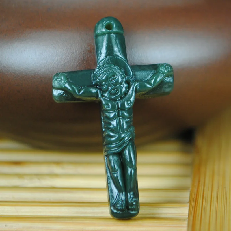 H Xinjiang Hotan stone cross Pendant Male and female models green necklace | Pendants