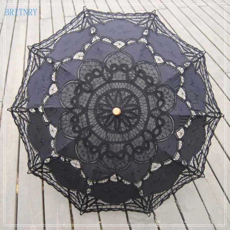 Свадебный зонт из хлопка ручной работы с кружевной вышивкой модный черный для