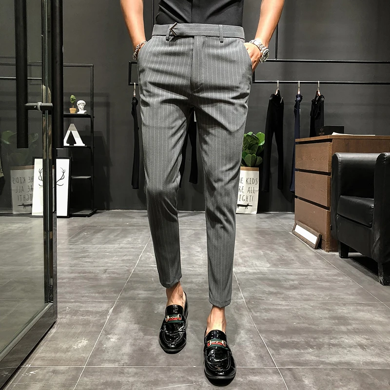 28-36 Мужские модельные Брюки Slim Fit уличная полосатая тренировка штаны по лодыжку мужские модные летние офисные брюки мужские обтягивающие брюки