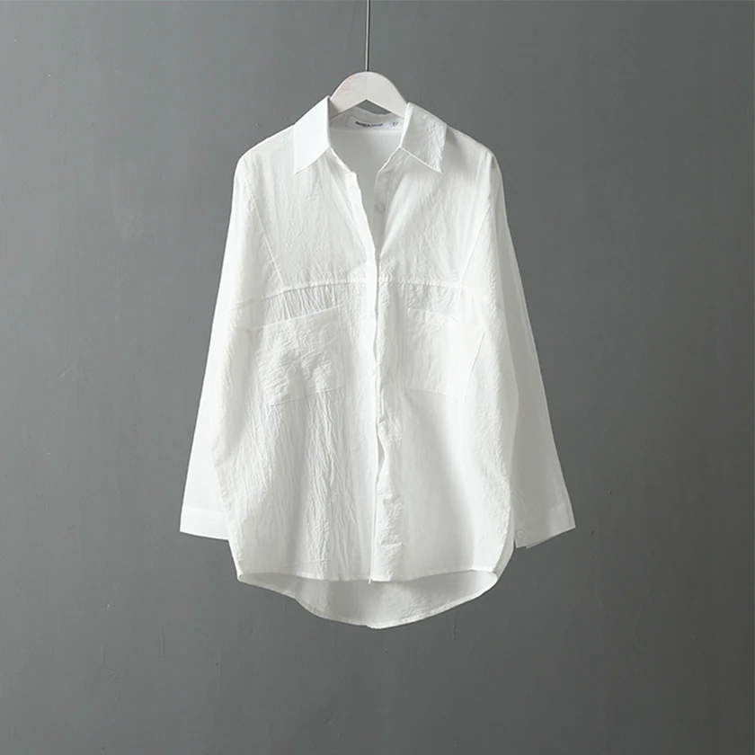 New Arrival Women Oversize Solid White Long Blouse Batwing Sleeve Pockets Patchwork Shirt Turn-Down Collar Casual Top T96709F |