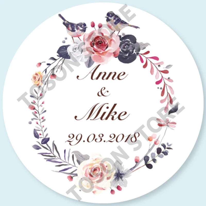 100, Silver laser Customized text logo, Wedding Stickers, Invitations Seals, Candy Favors Gift Boxes Labels, On White Adhesive