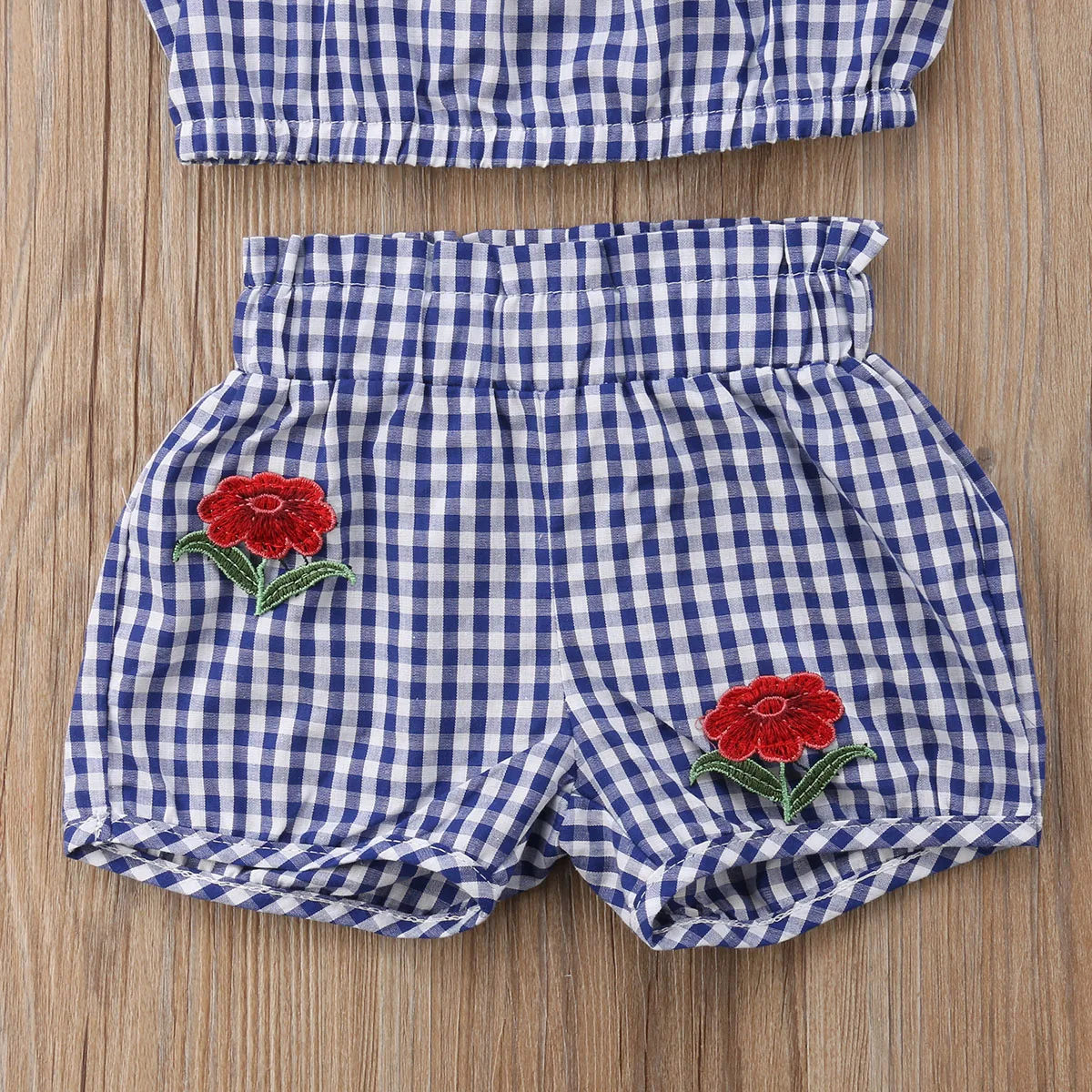 Детские топы с открытыми плечами и розой для маленьких девочек клетчатые шорты