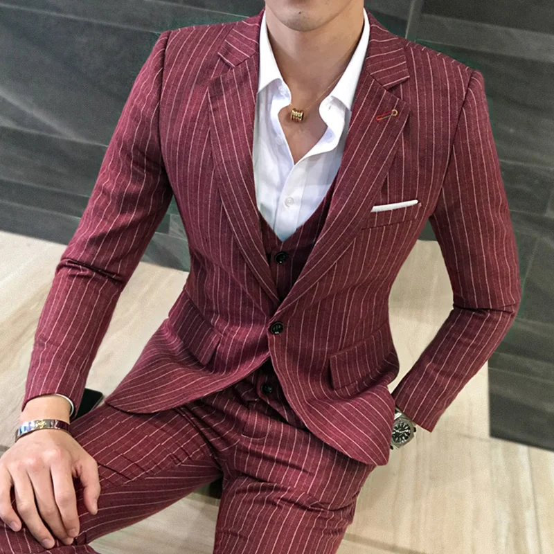 (Jacket+Vest+Pant) Mens Suits Wedding Groom Plus Size 5XL 3 Pieces Set Slim Fit Striped Casual Tuxedo SuitBusiness Dress Suit | Мужская