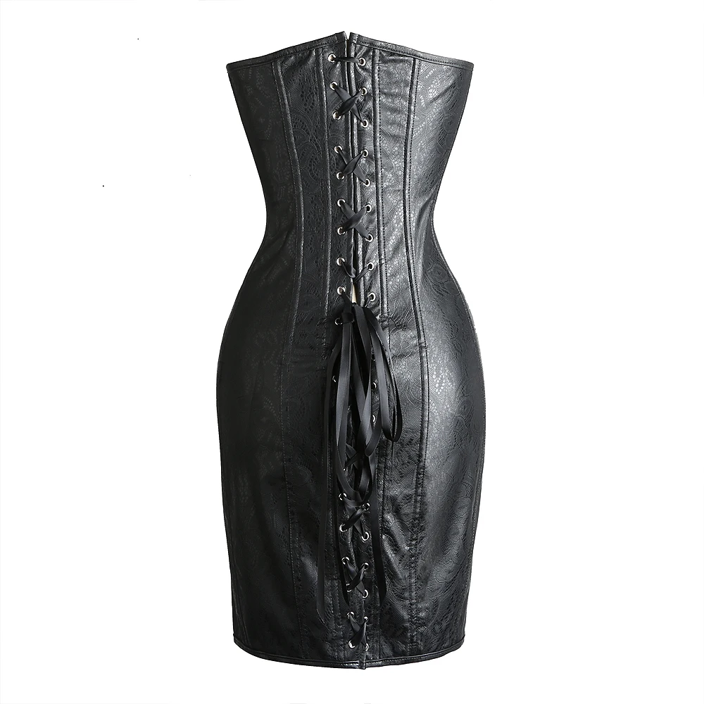 

Long Leather Embroidered Corset Sexy Gothic Steel Boned Corset Dress Steampunk Bustier Top Strapless Overbust Clubwear Corselet