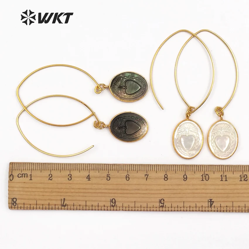 WT-E455 Metal Earwire With Gold Bezel Natural Sea Shell Briolette Earring Mysterious Pattern Women Bohemia Dangle | Украшения и