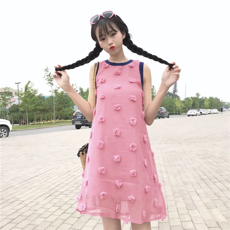 

Summer new women's Korean sweet fresh three-dimensional flower sleeveless Tank dress cute sweet fashion Dress