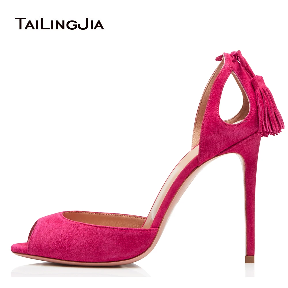 

Women Peep Toe High Heel Sandals with Tassel Pink Cut Outs D'Orsay Black Evening Dress Heels Ladies Summer Heeled Shoes 2021