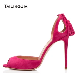 Women Peep Toe High Heel Sandals with Tassel Pink Cut Outs D'Orsay Black Evening Dress Heels Ladies Summer Heeled Shoes 2021