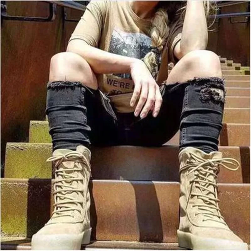 Мода Осень Военная Креп Челси Замши Женщин Сапоги Хороший Добыча Зашнуровать