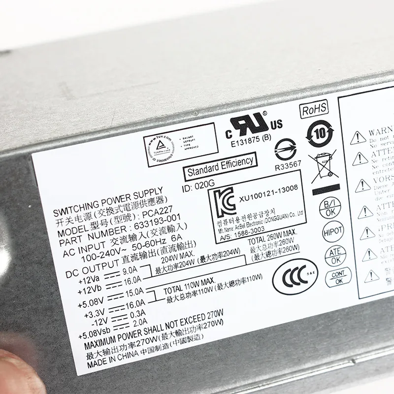 Оригинальный источник питания для HP 270W S5 PCA222 PCA227 322PS-6221 FH-ZD27-001 633195-001 633196-001 633193-001 |