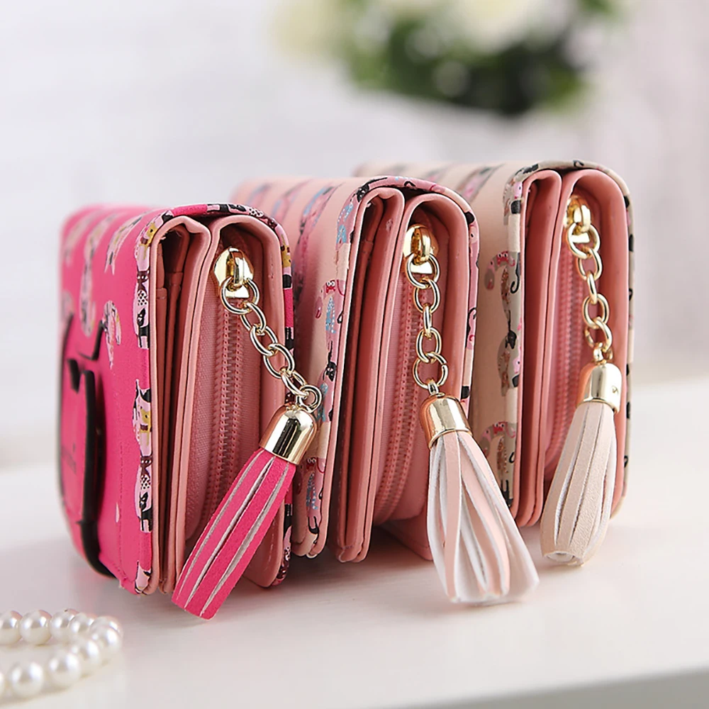 3 цвета модные женские кошельки с кисточкой и котом на застежке Женский кошелек