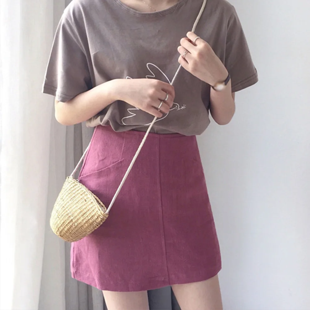 Для женщин летние однотонные Цвет Tight хлопчатобумажная льняная юбка модные