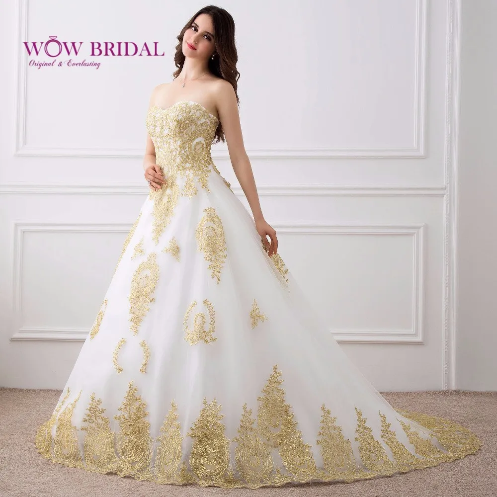 Wowbridal свадебное платье трапециевидной формы с вышивкой золотистого цвета белым