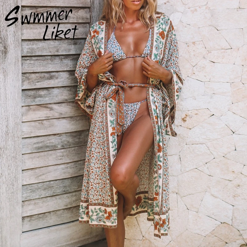 Summer 2019 fashion beach wear female swimsuit cover up Floral print tunic women kimono beachwear Sexy cape Robe de plage new | Женская