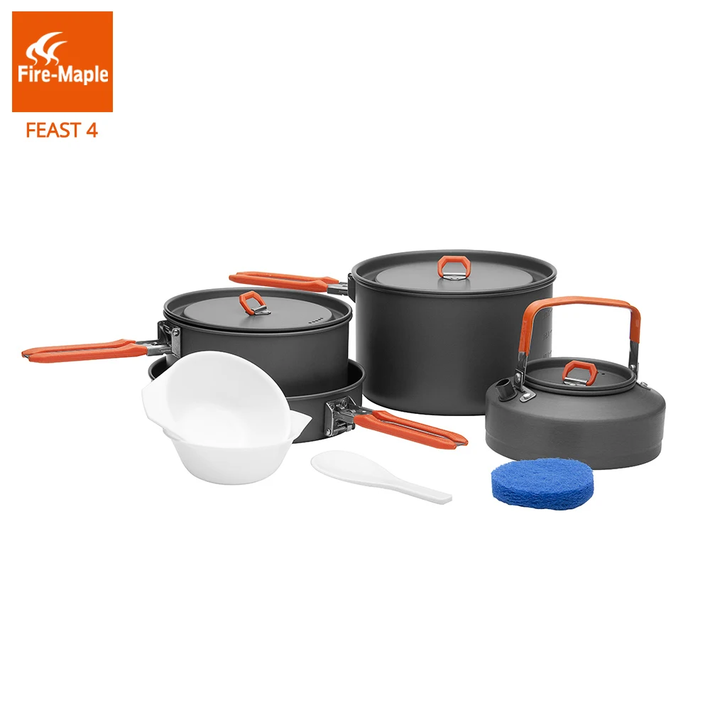 

Fire Maple Feast4 Outdoor Camping Hiking Cookware Backpacking Cooking Picnic 2 Pots 1 Frypan 1 Kettle Set Foldable Handle FMC-F4