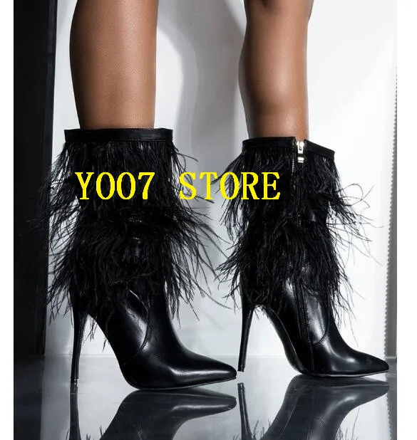 

2019 New Women Black Leather High Heels Ankle Boots Sexy Stiletto Short Booties Feather Shoes Woman zapatos de mujer