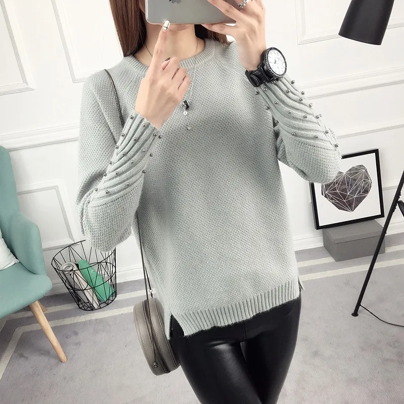 2019 New Winter Sweater Women Beading Long Sleeve Knitting Casual Autumn Elegant Split Pullover | Женская одежда