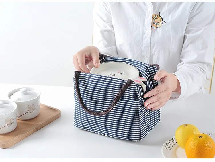 Waterproof Canvas Insulated Lunch Bag Aluminum Foil Stripe Handbags Food Storage Cooler Ice Bag Unisex Portable Lunch Box Tote