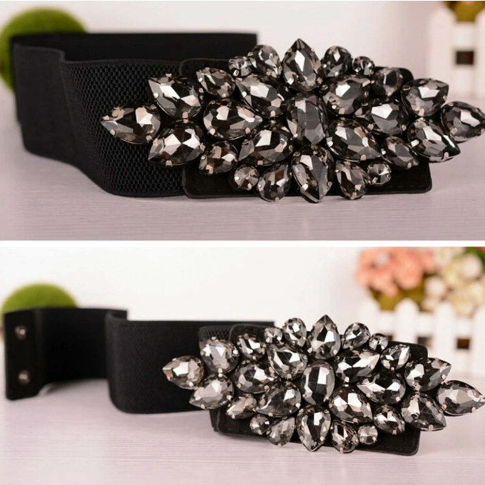 

Elegant Elastic Waist Belt for Women Black Crystal Flower Cummerbunds Stretch Waistband Cinch Strap Elastyczne pasy damskie