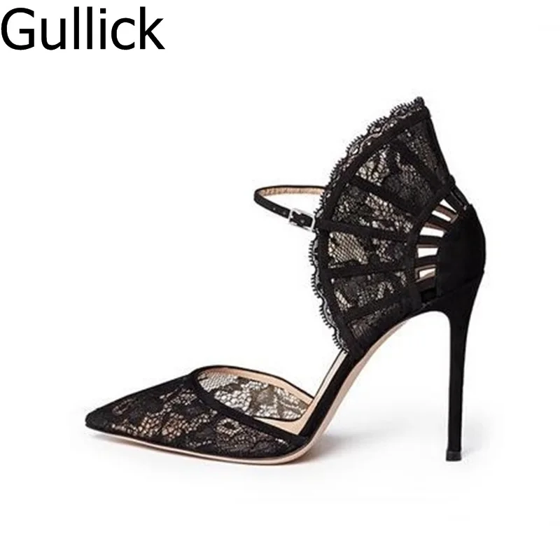 

Women Black Lace High Heel Pumps Fan-shaped Ankle Strap Wedding Dress Shoes Cut-out Pointed Toe Bride Heels Lady Shoes Free Ship