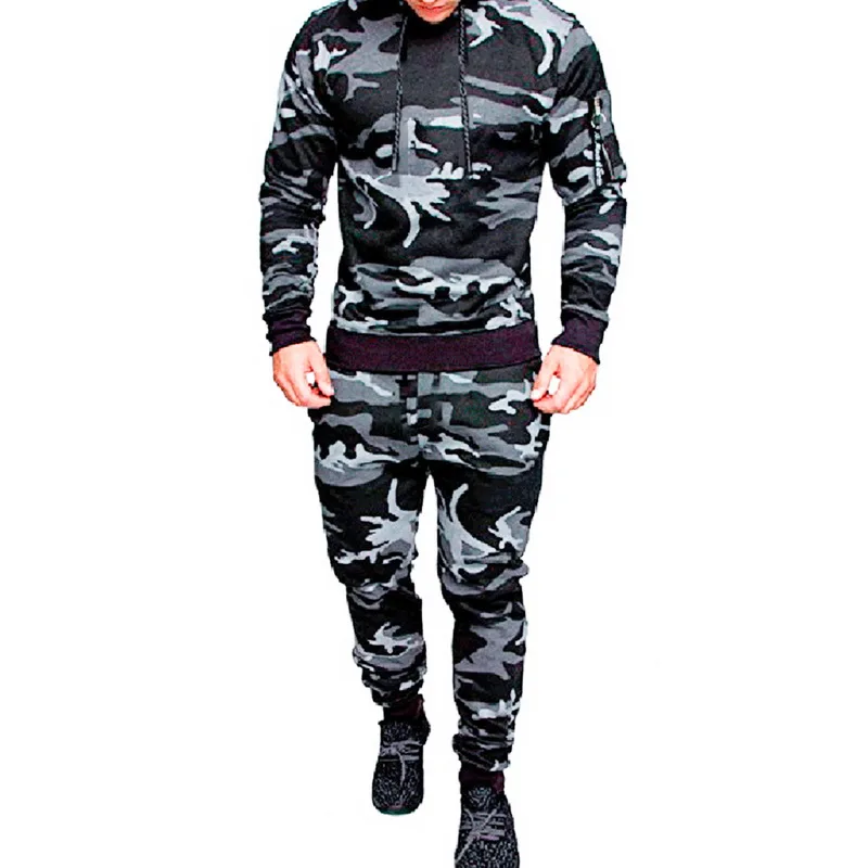 Camou Light Grey1 NIBESSER, мужские спортивные костюмы, комплект из 2 предметов, мужская куртка, костюм, камуфляж, пэчворк, мужской костюм, с длинным рукавом, на молнии, с капюшоном, куртка, костюм, хип-хоп - Цвет: Camou Light Grey1