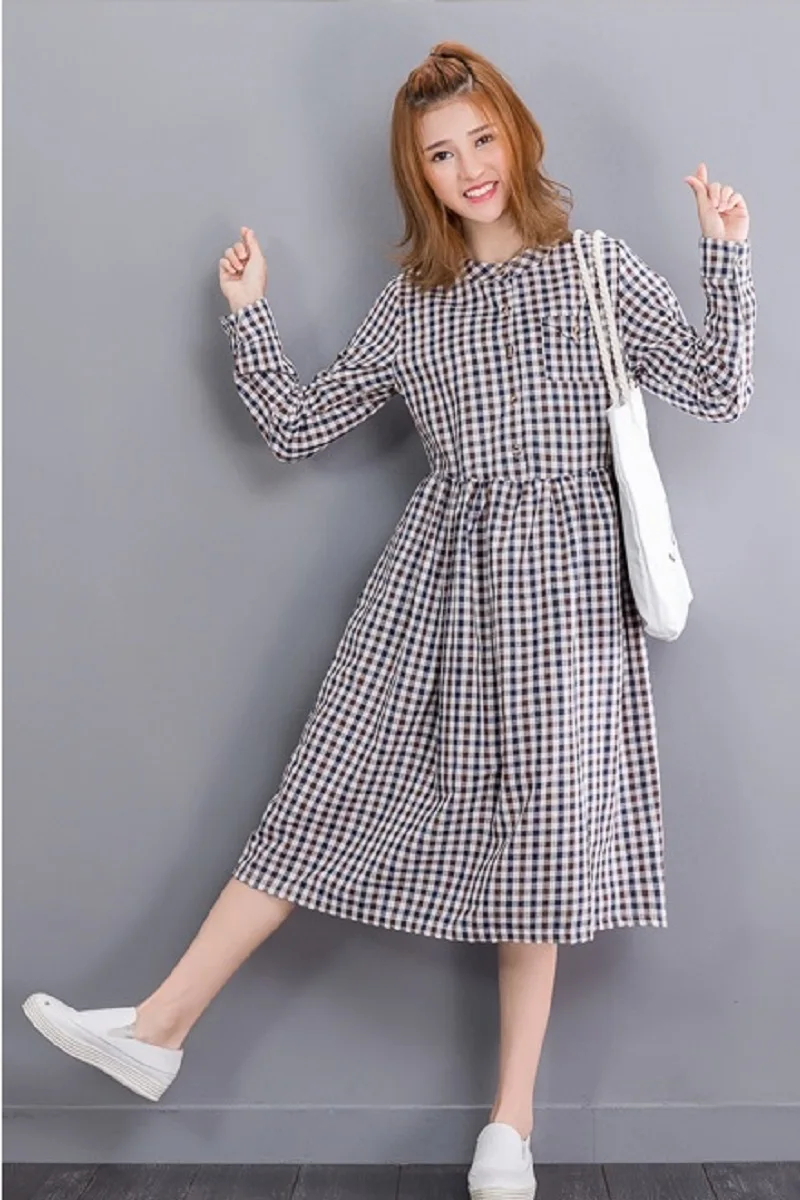 Осень-весна Женское платье Стенд воротник Классический решетки из хлопка и льна