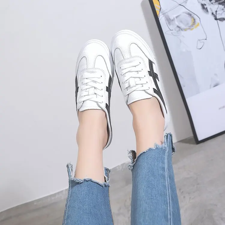 COOLSA Women's Autumn White PU Shoes Casual Striped Flat Slippers Indoor Half Tow Slides Lady Lazy Travel Shoes