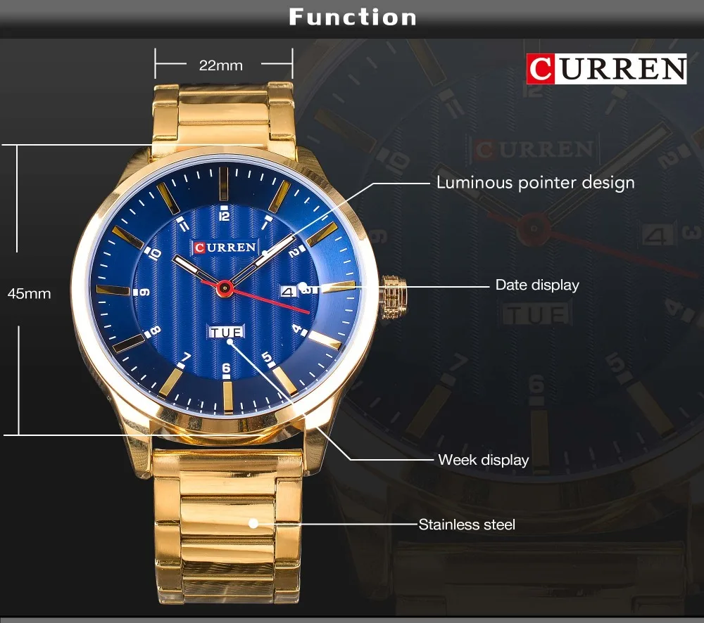 CURREN Blue Sky роскошные золотые из нержавеющей стали дизайнерские мужские бизнес военные кварцевые мужские s наручные часы Лидирующий бренд Роскошные мужские часы