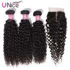 Волосы Unice индийские вьющиеся волосы на кружевной основе, 100% человеческие волосы, 3 пряди с застежкой, натуральный цвет, волосы Remy, плетеные, бесплатная доставка