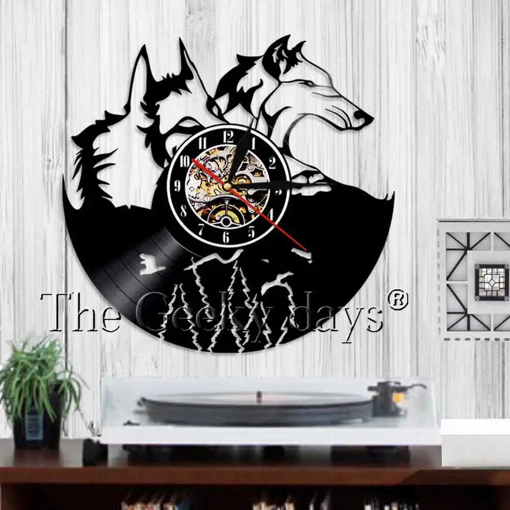 Wolf Wall Art Виниловые часы для записей Волчья портретная голова Волка лазерный Резной декор настенные часы животные волчьи клыки часы с большим ртом