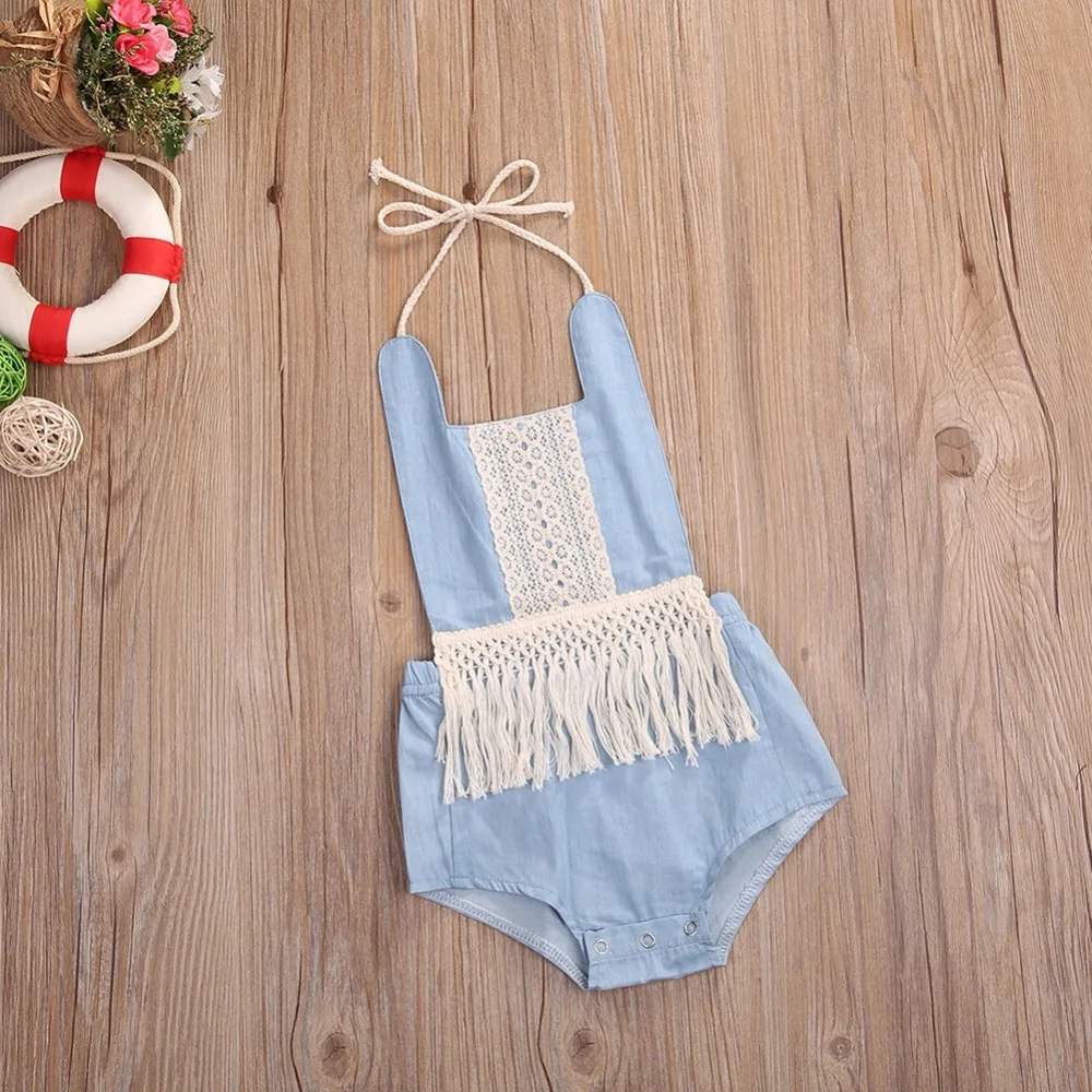 0-3Y Newborn Baby Rompers Lace Denim Tassal Petti Jumpsuits Summer One Piece Sunsuit | Мать и ребенок