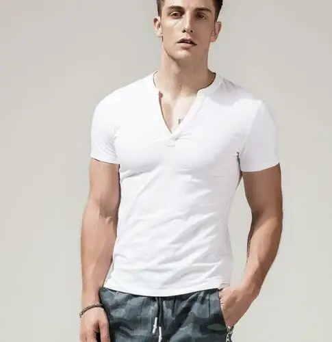 

Mens Short Sleeve Skinny Cotton Summer Slim Deep V Neck T-Shirt Casual Tees