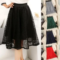 2022 vintage summer midi skirts womens elastic high waist tulle lace skirt long pleated a line skirt women