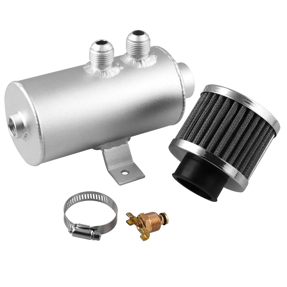Серебристый Oil Catch Can Tank with Breather Filter Aluminium 10 AN Round 0.75L Brushed Baffled Universal Separator bracket - Цвет: Серебристый