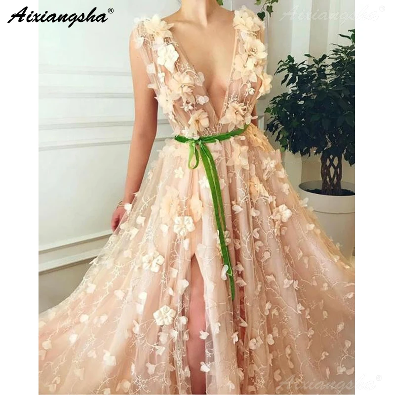 

Pink Formal Dress Party Flowers Lace Sexy Prom Gown High Slit V-Neck Islamic Dubai Saudi Arabic Long Dresses Evening