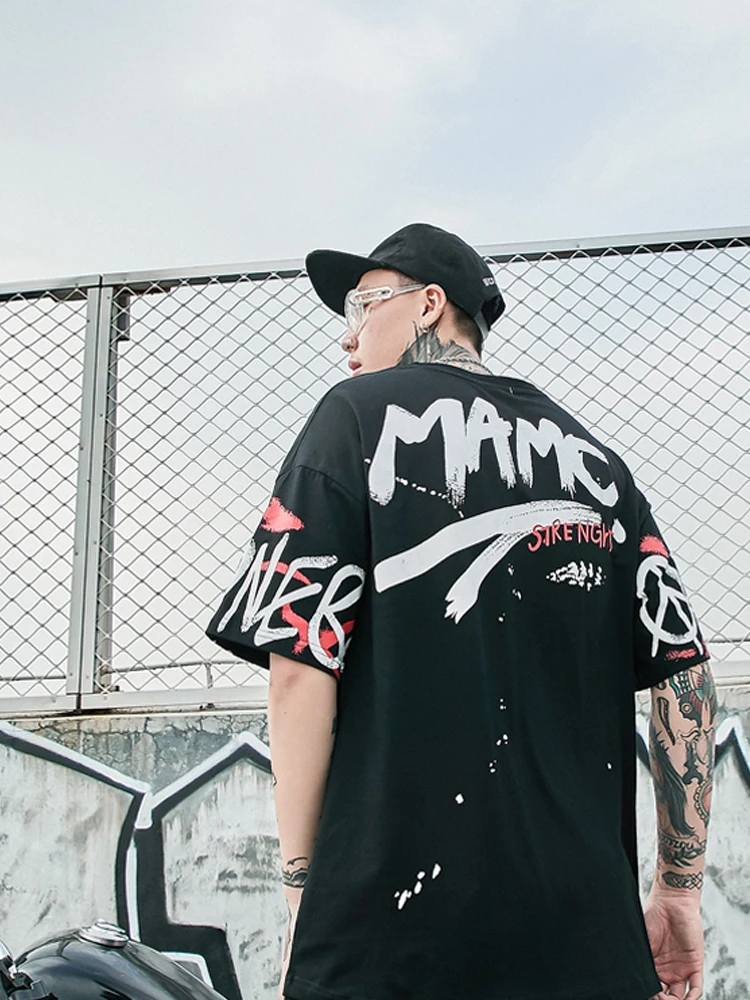 Темно значок граффити хип хоп футболки 2019 Лето негабаритных для мужчин вырез