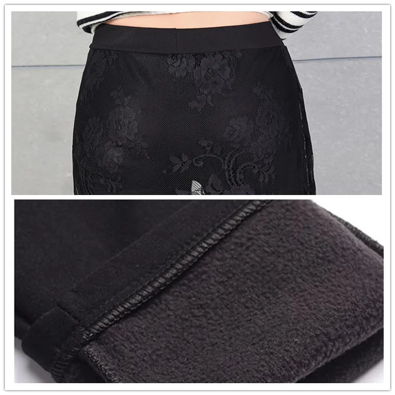WKOUD Women Winter Leggings Black Pants With Lace Skirts Fashion Thickening Fleeces Warm Skirt Female Footless P8108 | Женская одежда