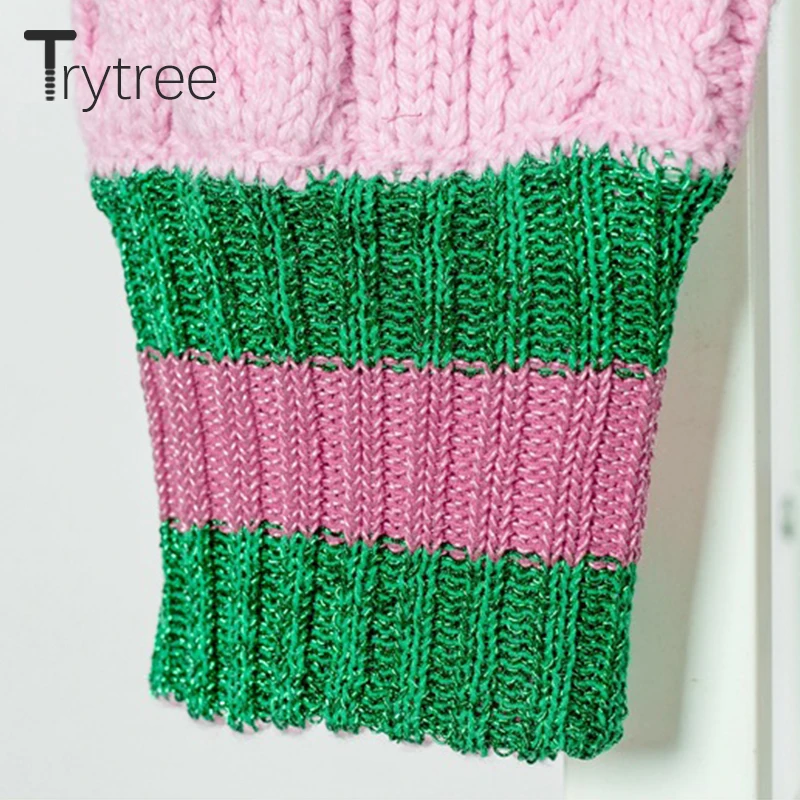 Trytree Women Casual Sweater O-Neck Autumn Winter Patchwork colours Pullovers full sleeve cotton Pink Top | Женская одежда