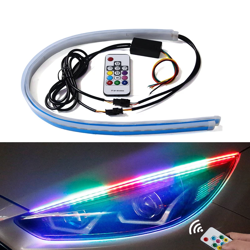1 комплект тонкий RGB течет последовательного гибкий светодиодный дневные ходовые огни для лента для Габаритные огни с пультом дистанционного управления Управление 30/45/60 см