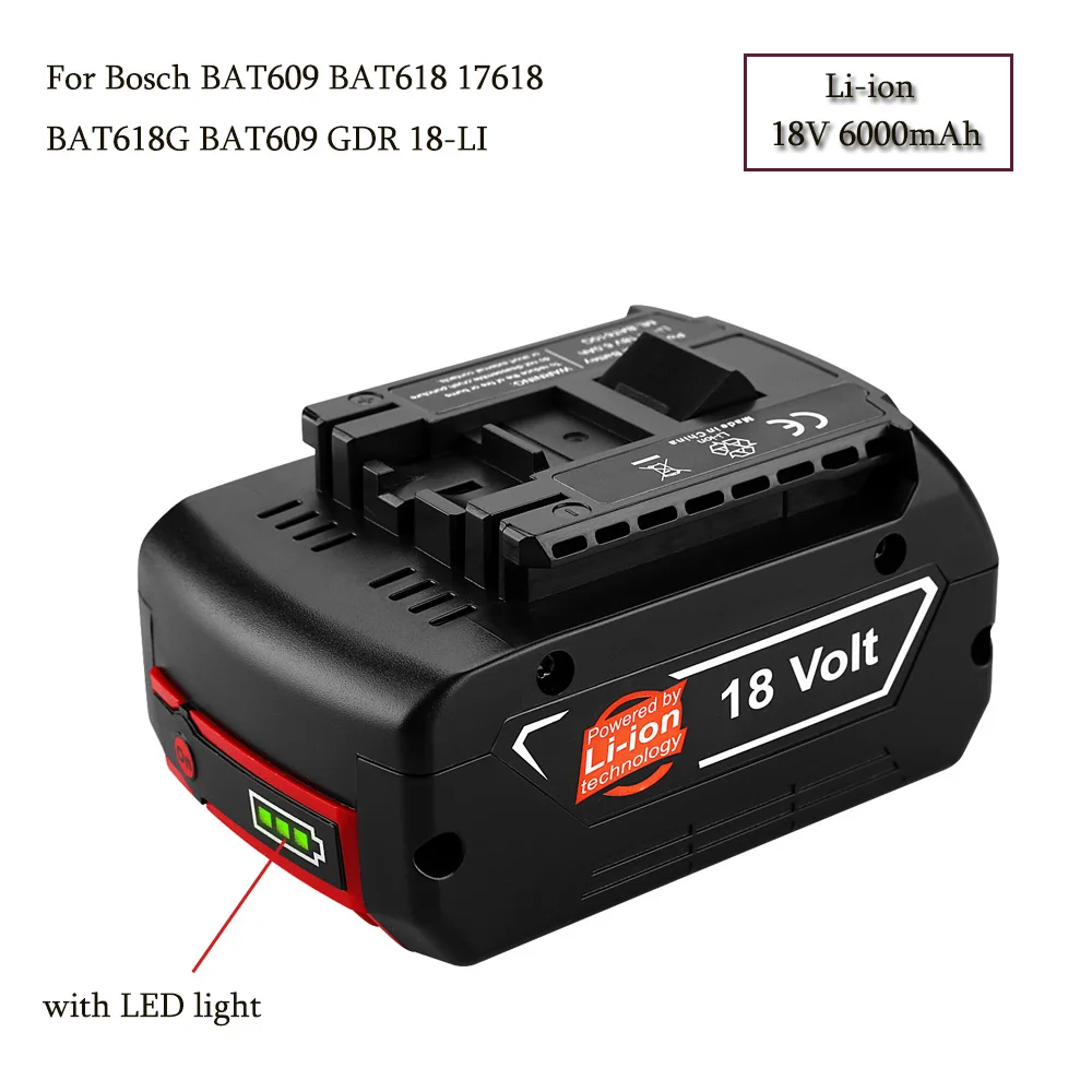18 в 6.0Ah 6000 мА/ч, литий-ионный аккумулятор Батарея для Bosch BAT609 BAT618 17618 BAT618G BAT609 CFL180B GDR 18-LI, GDS 18V-LI, светодиодный светильник