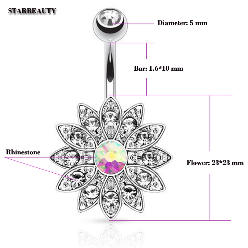 Цветок от солнца лепестки пупок пирсинг номбрил радуга кристалл пупка для живота