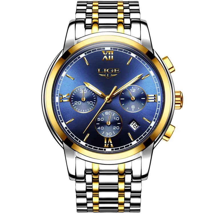 steel gold blue LIGE, роскошные брендовые часы, мужские модные спортивные военные кварцевые часы, мужские полностью стальные бизнес водонепроницаемые часы, мужские часы - Цвет: steel gold blue