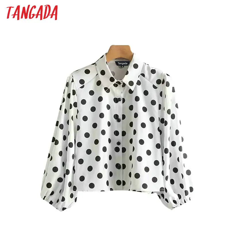 Tangada корейские шикарные женские рубашки в горошек блузки Короткие стильные ретро свободные женские короткие топы с рукавами-фонариками XN233