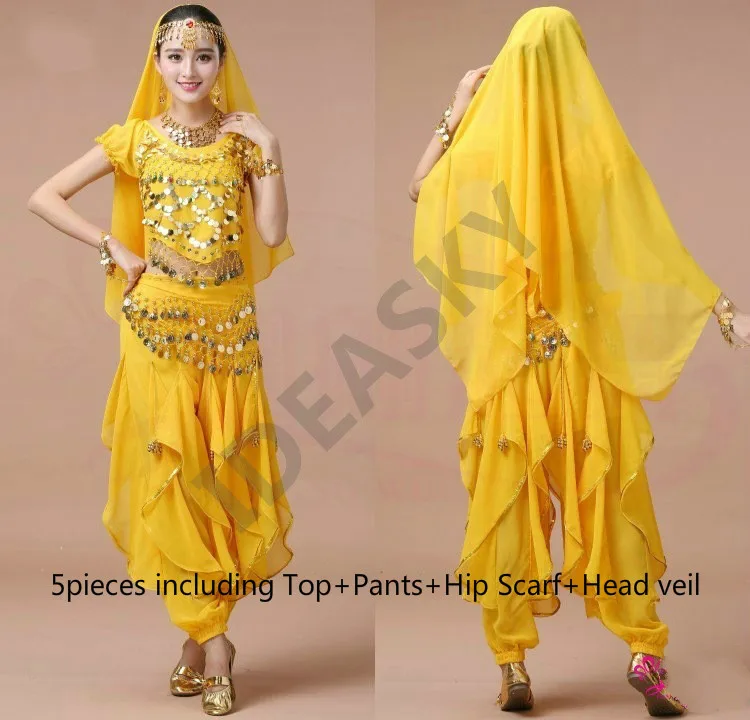 yellow 5pcs Сексуальный Набор костюма для танца живота Профессиональный Египетский живот Индийский Болливуд костюмы Женское платье танец живота взрослый топ брюки - Цвет: yellow 5pcs